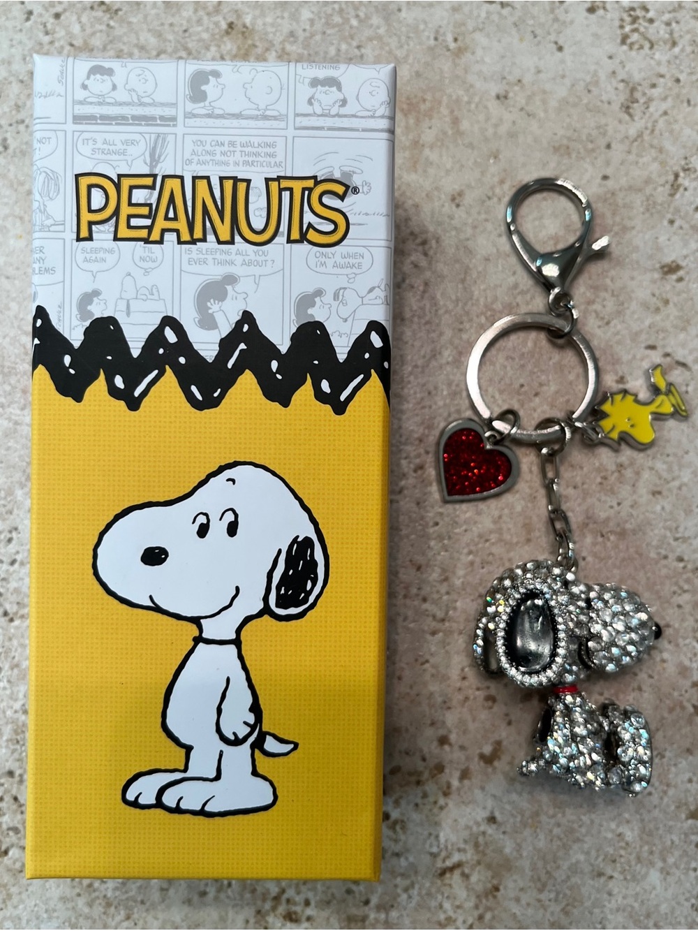 Peanuts Snoopy Dog Charm Keychain with Woodstock and Red Heart Pave Crystals New